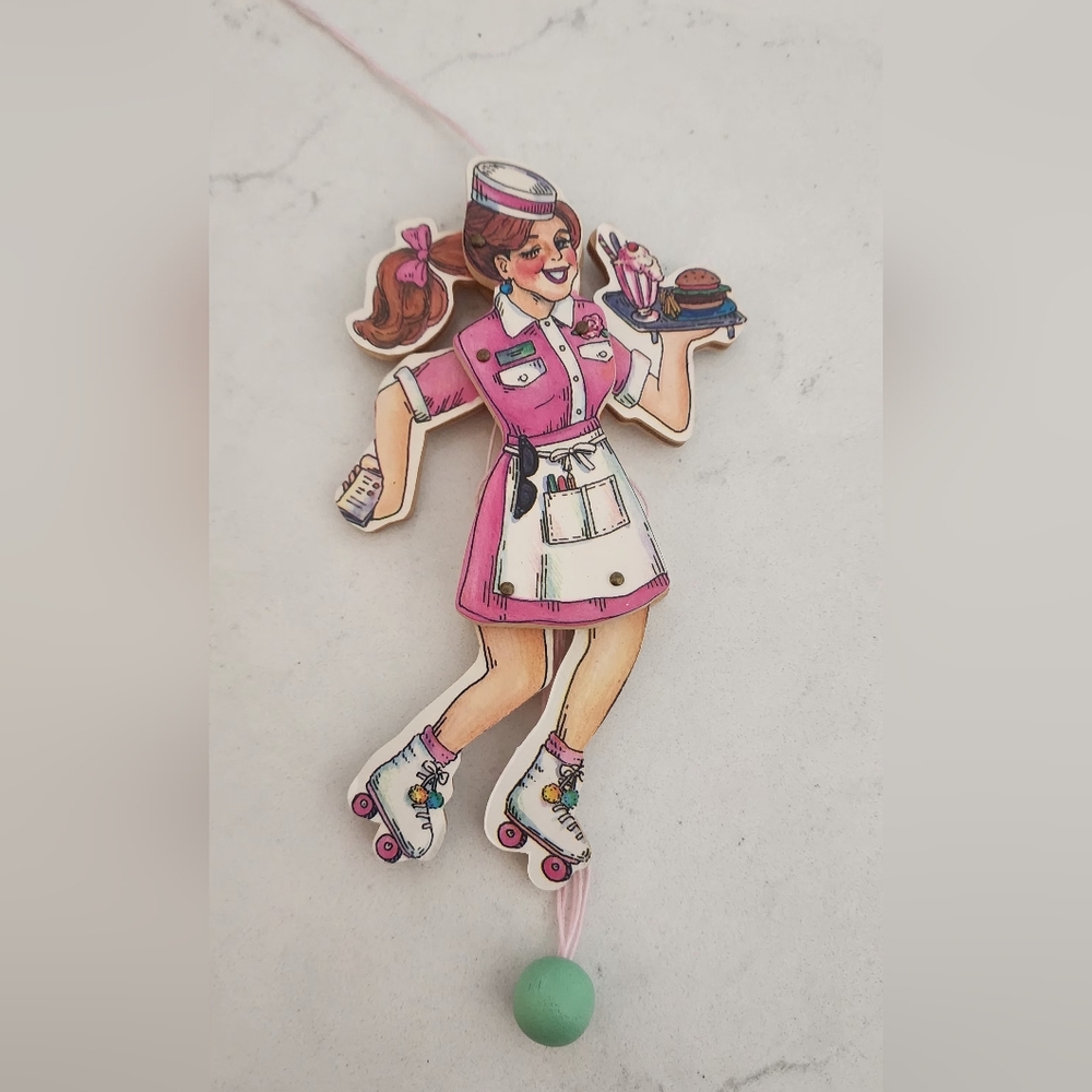 Vintage Ornament 50s Diner Waitress Midwest Importers Pull String Wooden